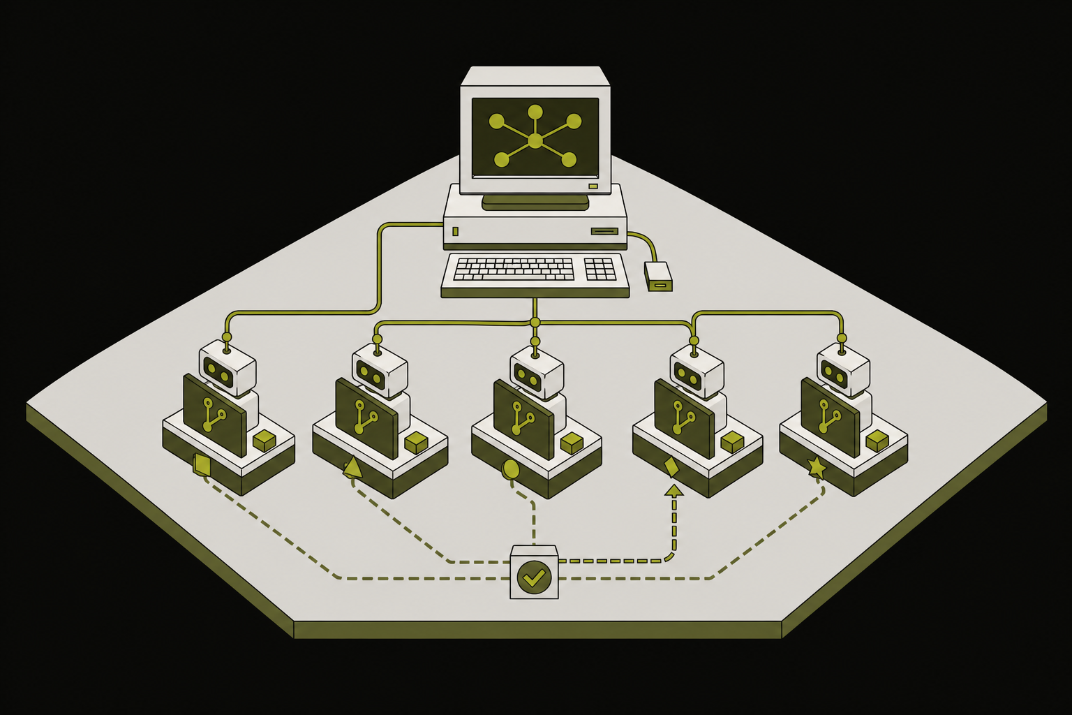 One orchestration workstation coordinating five coding-agent modules across separate worktree lanes
