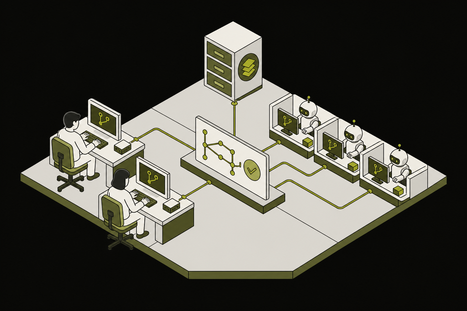 Human workstations and coding-agent modules connected through one shared board and durable archive
